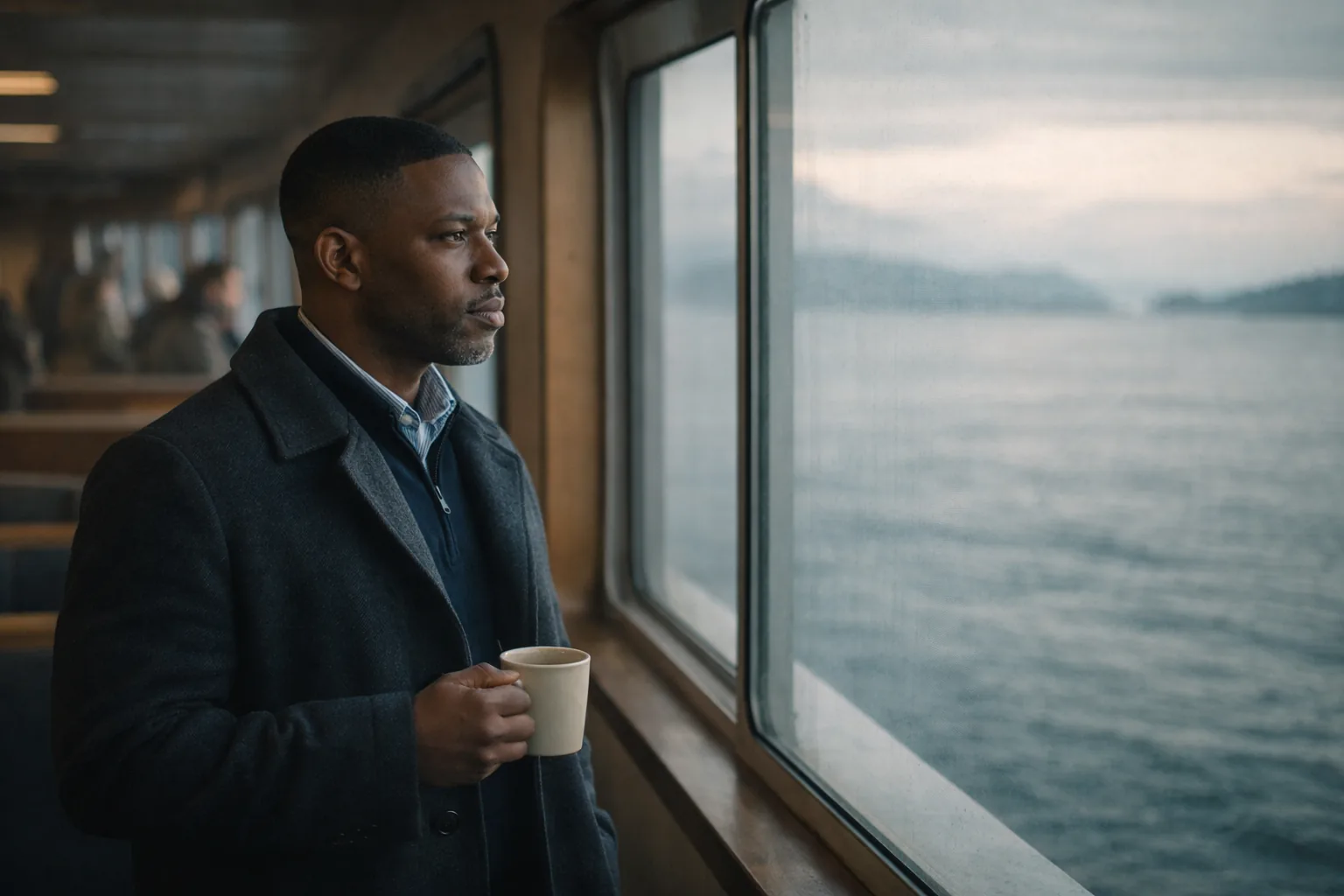 Professional man gazing out from a Washington State Ferry on Puget Sound, representing busy professionals who need flexible virtual care that fits their schedule