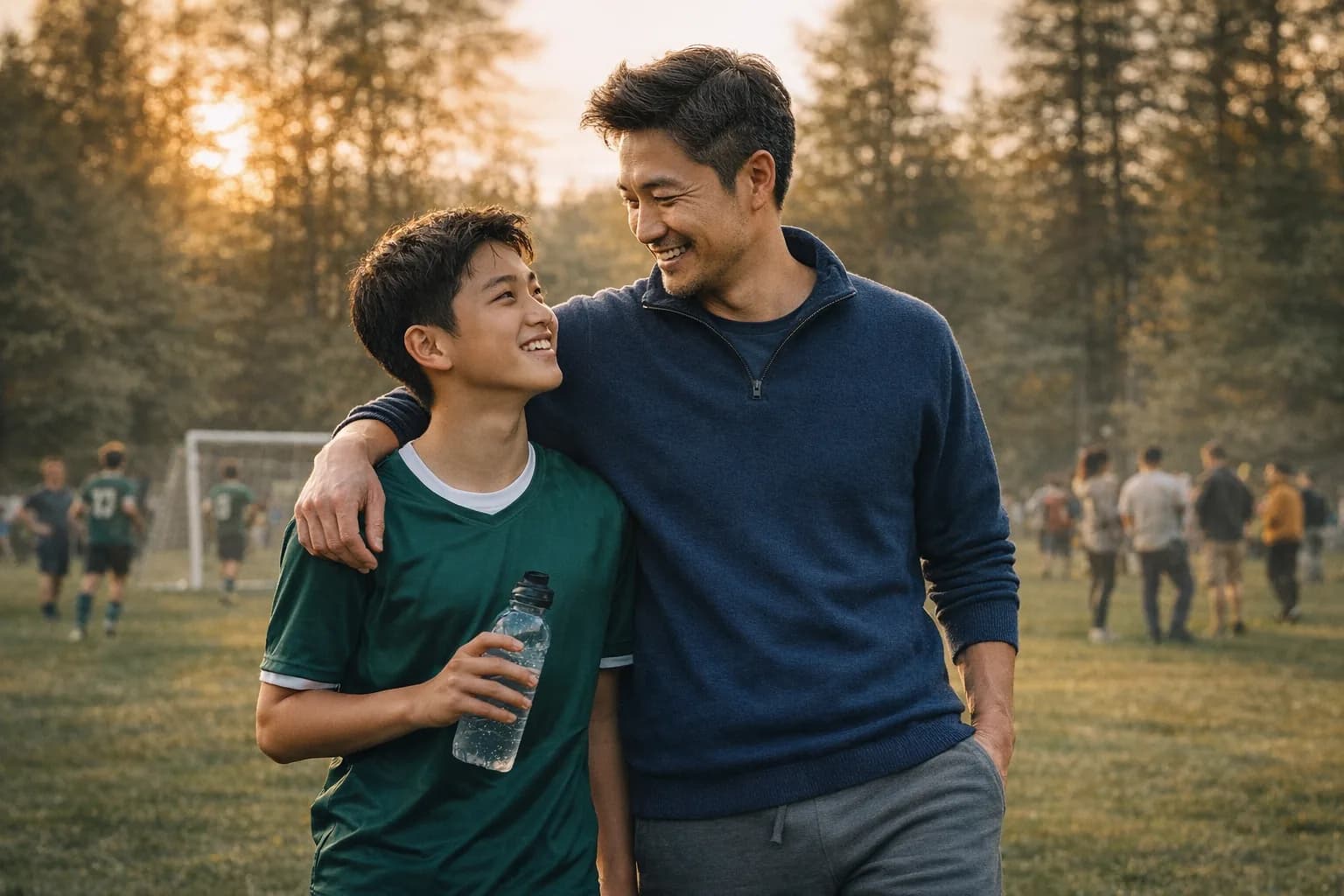 Father with arm around his teenage son after a soccer game, both smiling, on a green field with trees in the background