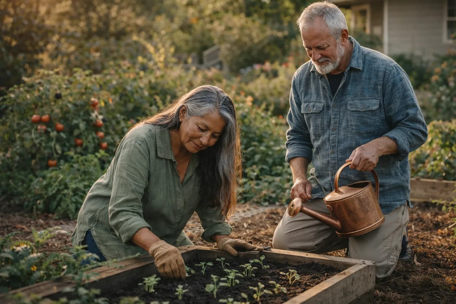 Couple tending their garden together in the Pacific Northwest