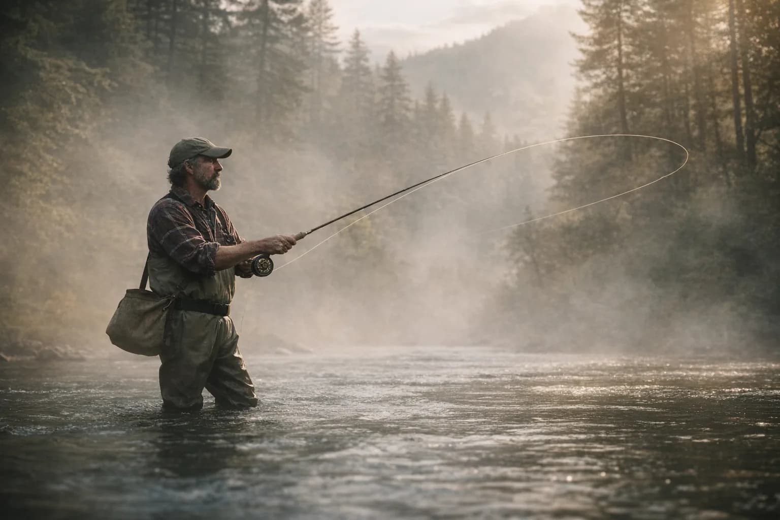 Man fly fishing alone in a misty Pacific Northwest river at dawn, symbolizing proactive health management and work-life balance in the outdoors