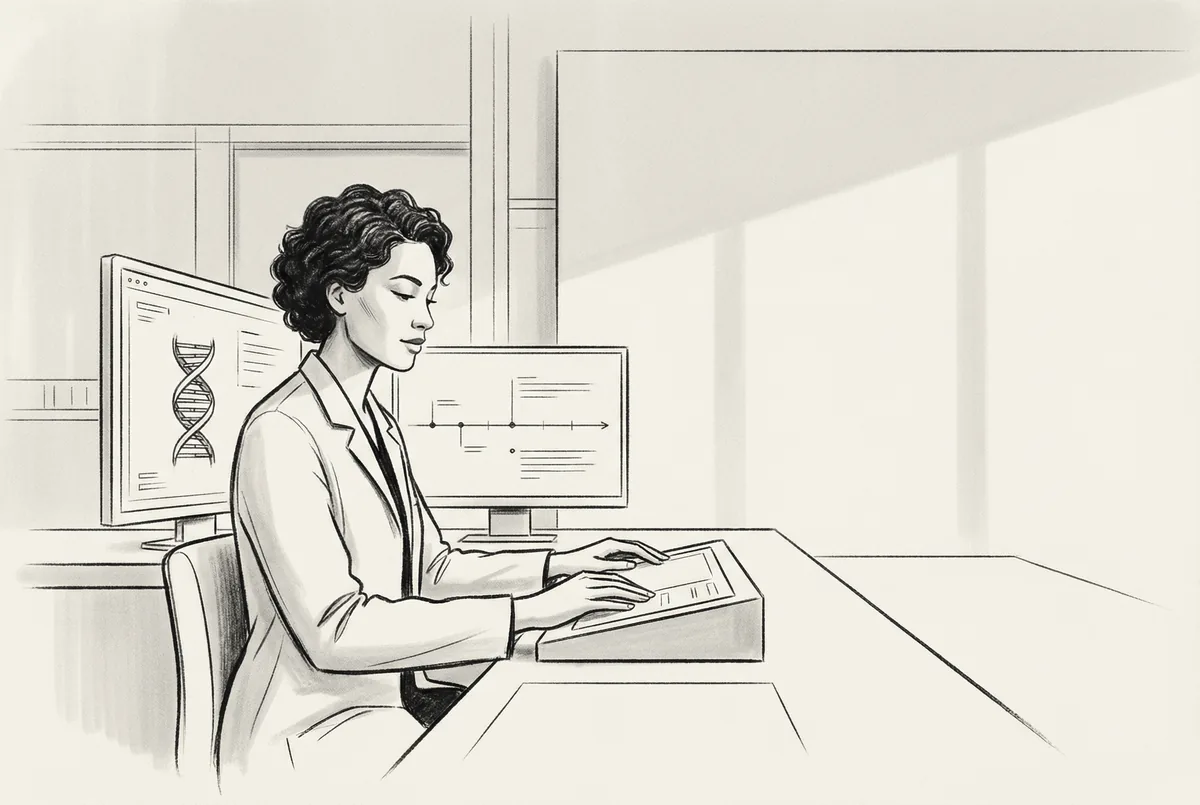 Clinician analyzing genetic testing data and patient health timeline