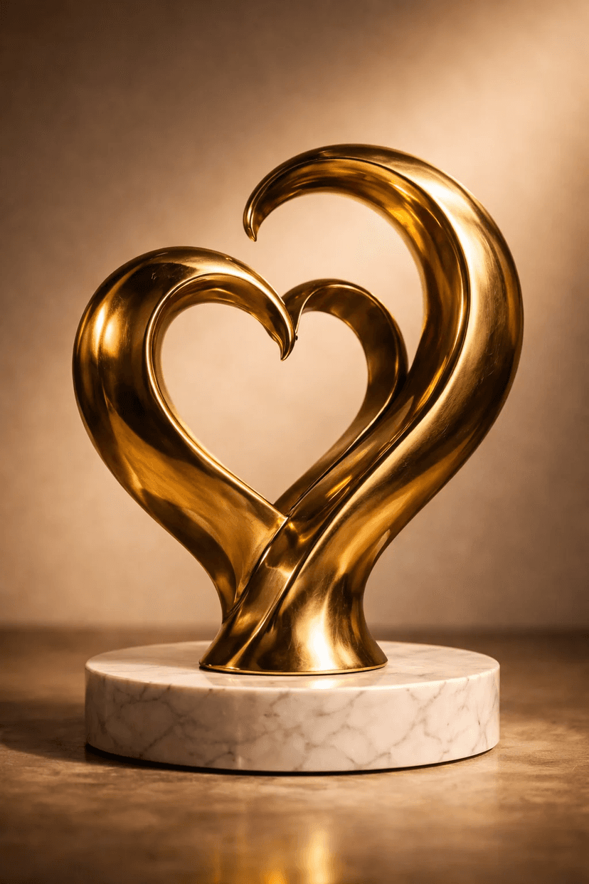 Gold intertwined heart sculpture representing the enduring connection at the center of patient care
