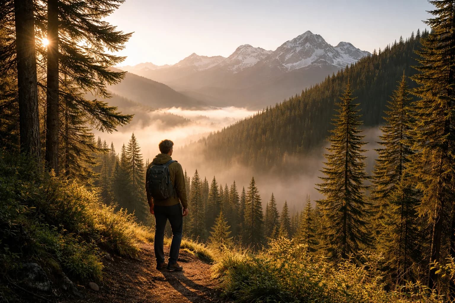 Hiker overlooking Pacific Northwest mountains at sunrise